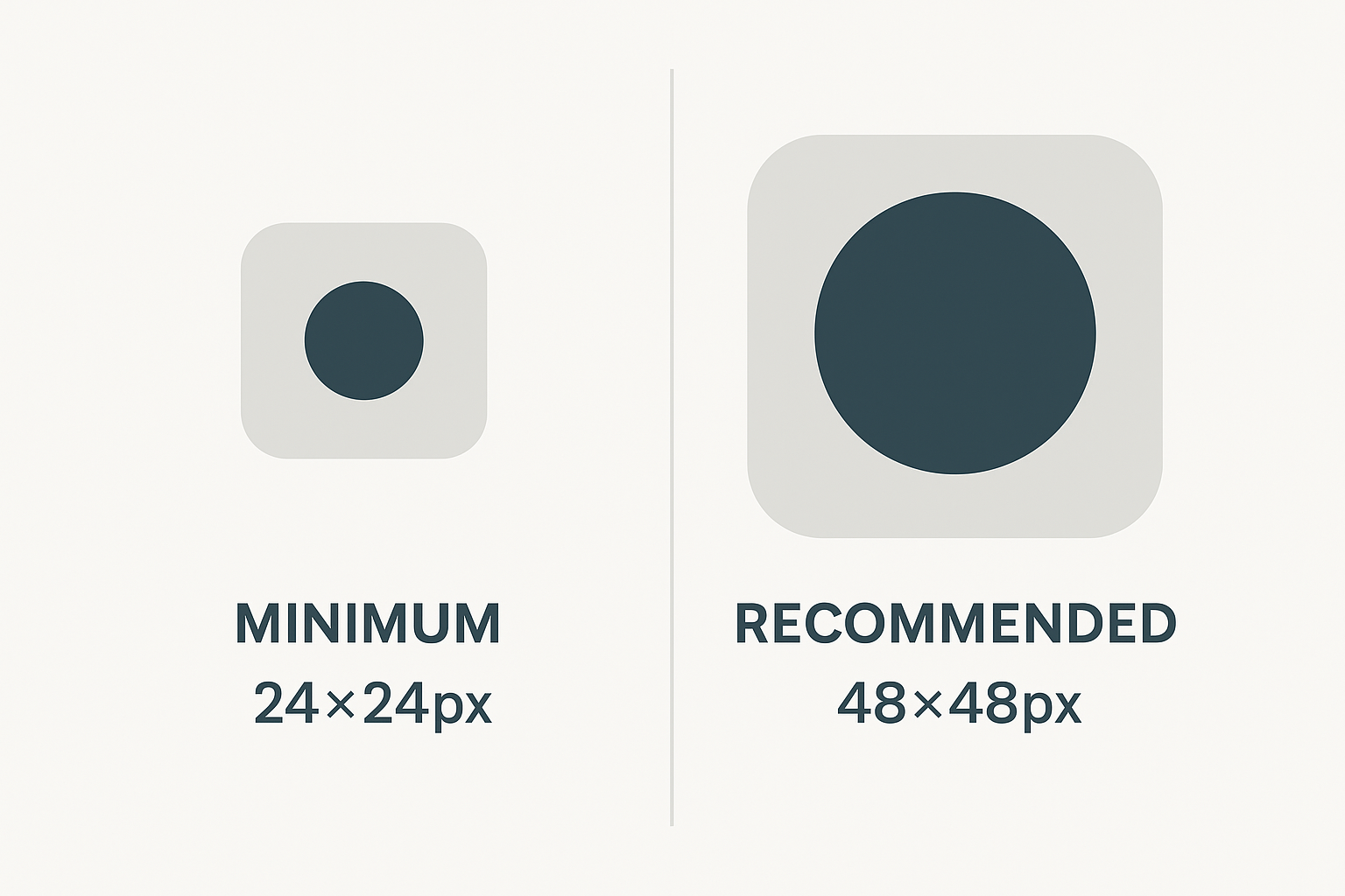 UX Accessibility Guide: 2025 Design Standards You Can't Ignore 6 Side-by-side image comparing minimum 24×24px vs recommended 48×48px touch target sizes with overlay circles